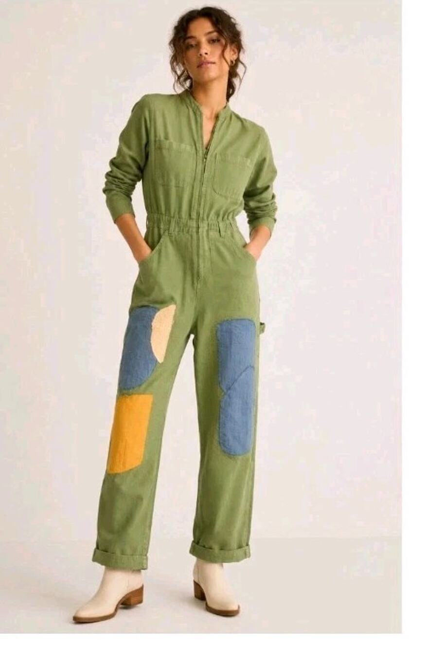 Free People X Sandrine Rose Patchwork Green Cotton Blend Utility Jumpsuit Small